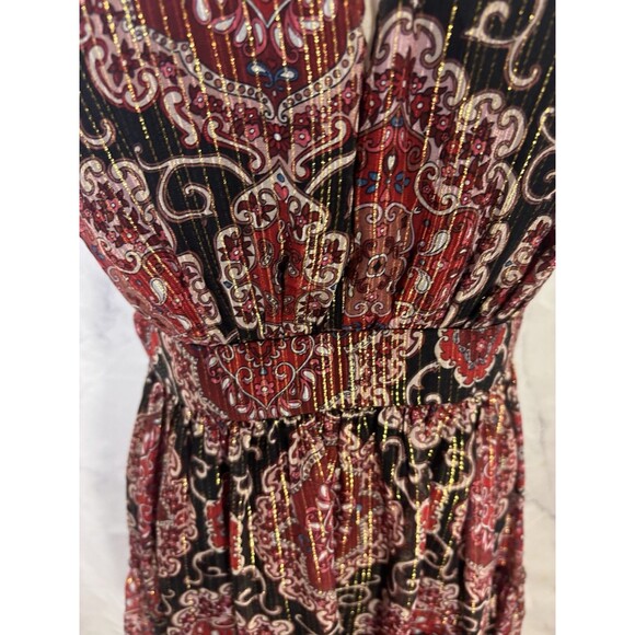 Kate Spade So Foxy Pleated Dress Silk Blend Red Metallic Medallion 6 boho Tierd - Picture 14 of 16